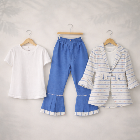 3 PCS Girls Suit – Beige Printed Top with Denim Jeans