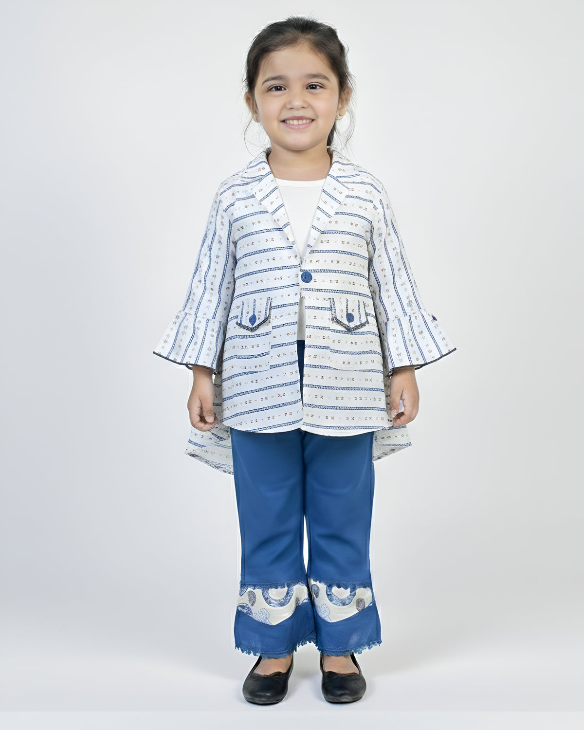 3 PCS Girls Suit – Beige Printed Top with Denim Jeans
