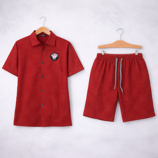 Boys Suit – Self-Embossed Polyester Set - Red