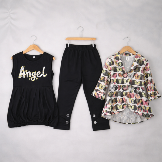 3 PCS Girls Butterfly Printed Suit