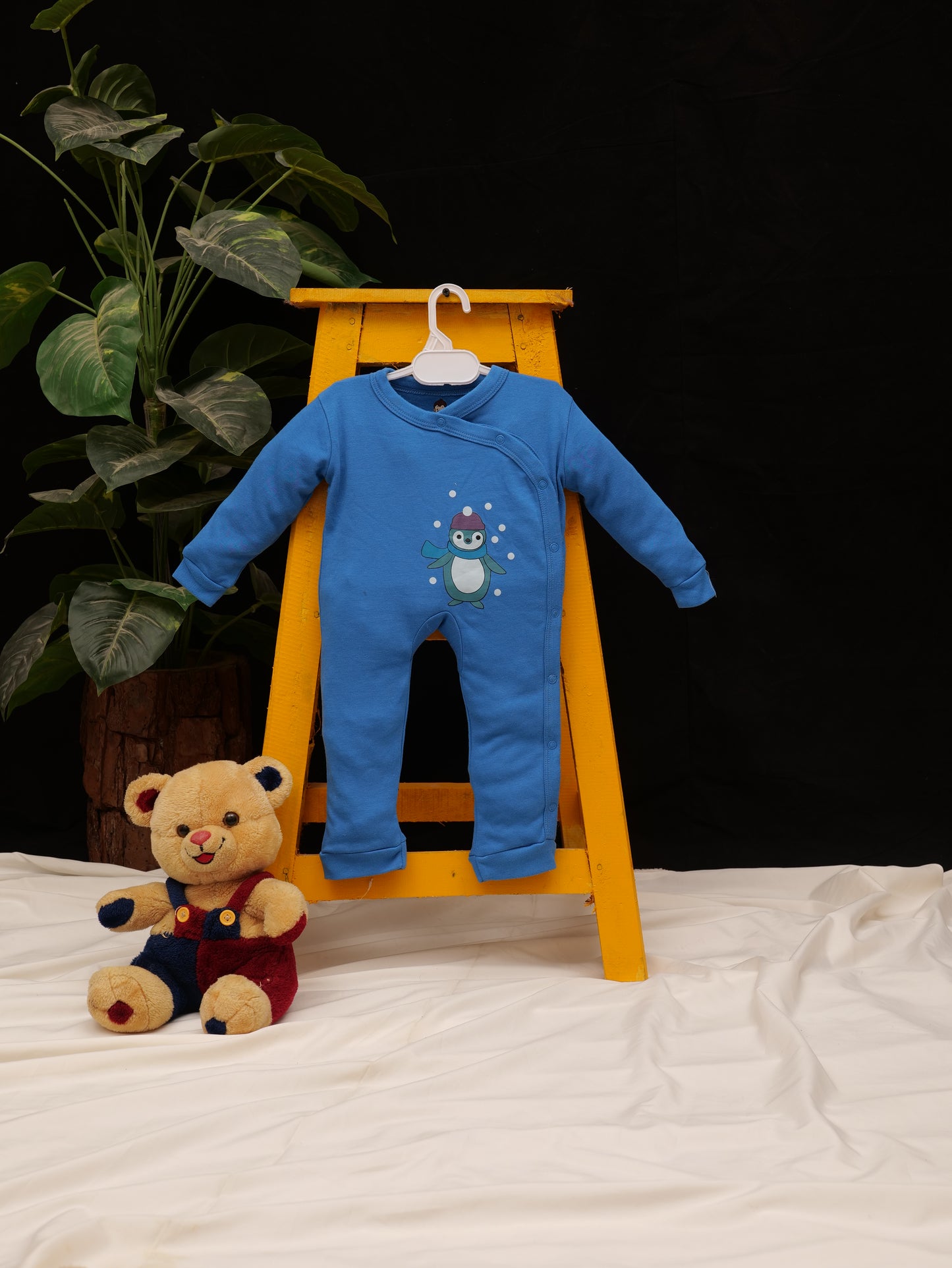 Cozy Blue Baby Romper โ ROYAL BLUE ( PENGUIN CHEST PRINT)