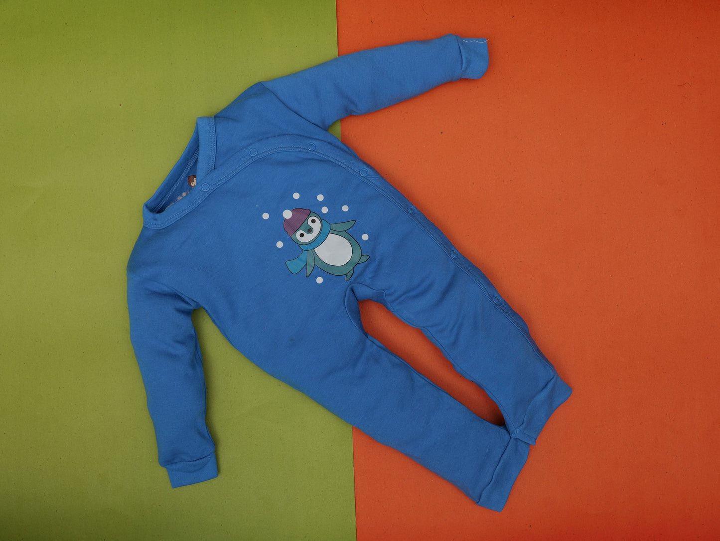 Cozy Blue Baby Romper โ ROYAL BLUE ( PENGUIN CHEST PRINT)