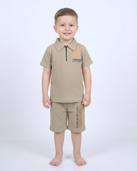 Boys Suit – Self-Embossed Polyester Set - Beige