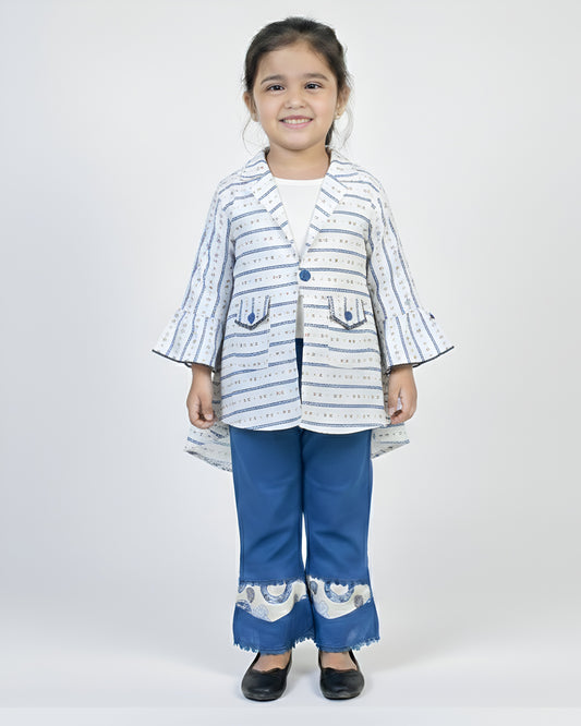 3 PCS Girls Suit – Beige Printed Top with Denim Jeans