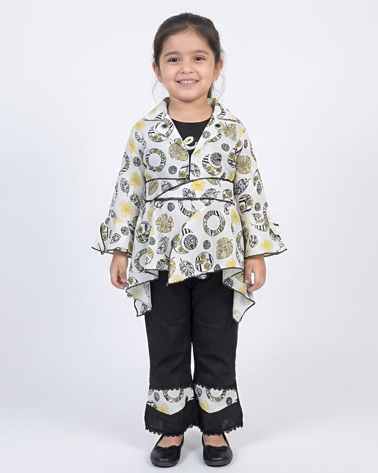 3 PCS Girls Suit – Black & Mustard Printed Set