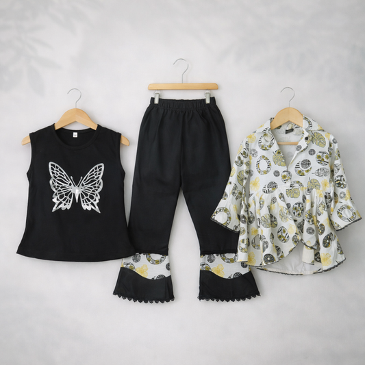 3 PCS Girls Suit – Black & Mustard Printed Set