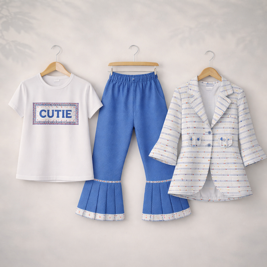 3 PCS Girls Suit – Beige Printed Top with Denim Jeans